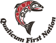 Qualicum First Nations logo with Aboriginal Indigenous image of salmon in red, white, and black