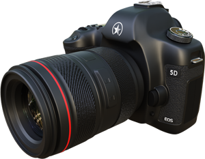 Black DSLR professional camera with red stripe and large lens