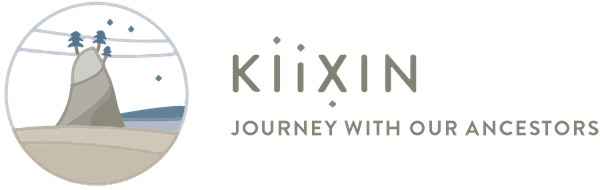 Kiixin logo with image to the left with large rock with trees on top surrounded by water and sand