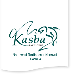 Kasba Lake Lodge logo in dark green with outline of large salmon to the right and text Northwest Territories Nunavut below it