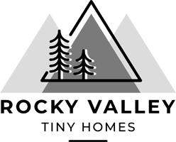 Rocky Valley Tiny Homes logo with triangles for mountains with trees and short black line under text