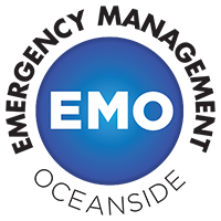 Emergency Management Oceanside (EMO) logo with text wrapping around large blue circle with large white EMO text inside