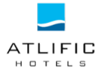 Atlific Hotels logo with box above divided into light blue at top and dark blue at bottom with white wave in between