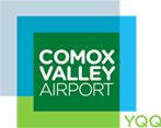 Comox Valley Airport YQQ logo with light blue, grey, and green boxes