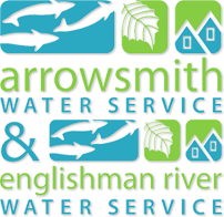 Arrowsmith Water Service & Englishman River Water Service logo in green and blue with outlines of salmon, leaf, and rooftop of houses