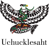 Uchucklesaht logo in black with large Aboriginal Indigenous eagle with salmon caught in claws above text