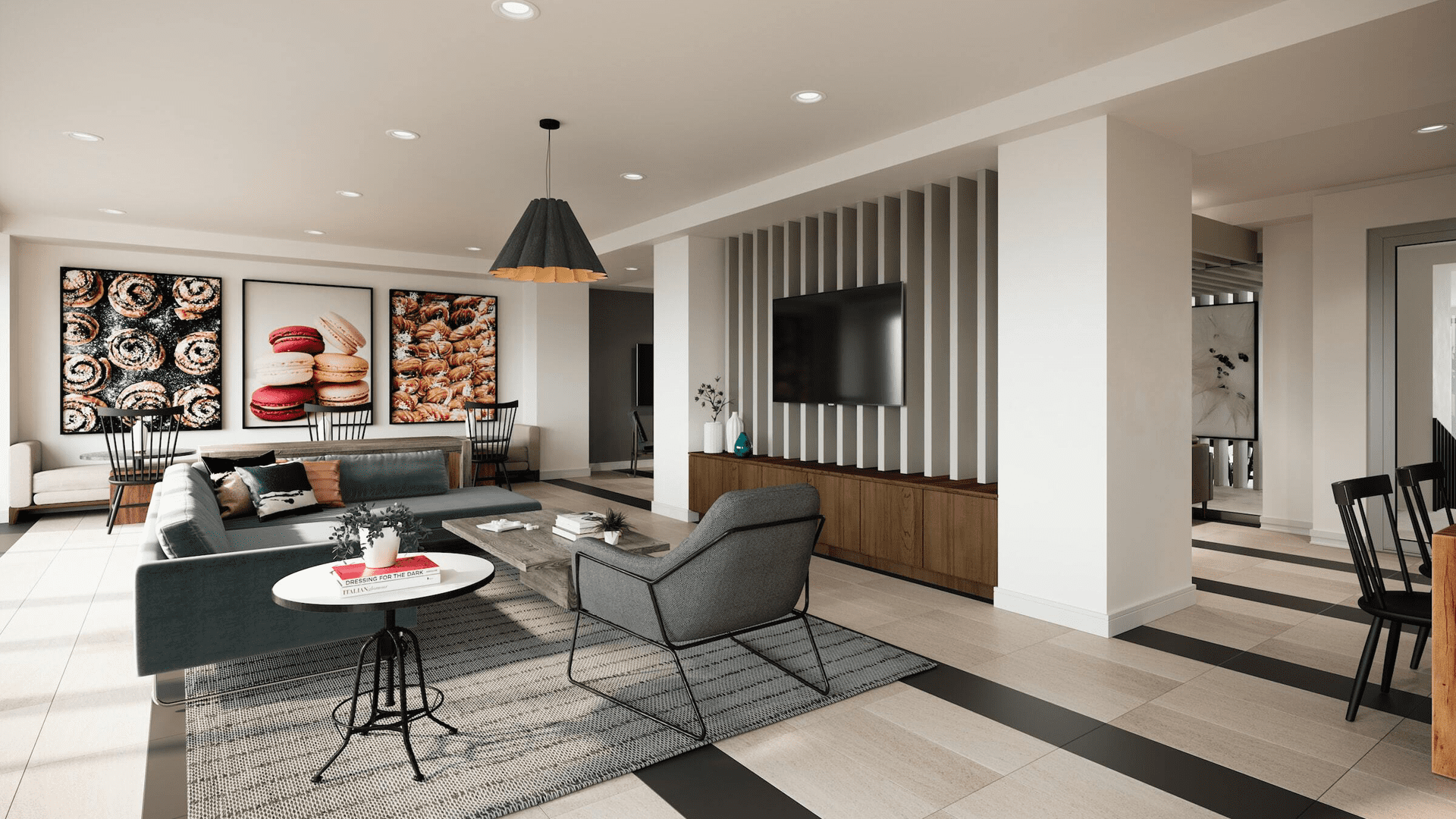Render of indoor house settings with grey and wood accent furniture and decor