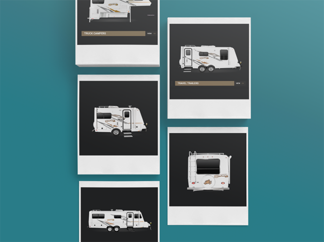 Dark blue teal background with polaroid snapshots of 3D trailer camper RVs in two vertical lines in front
