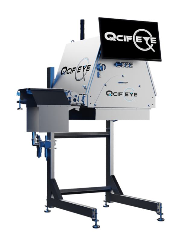 Side view of metal grey and blue QCIFEYE system that monitors quality and detects impurities of almonds with small tv monitor in front, large square dispenser to the left on two rolling metal legs