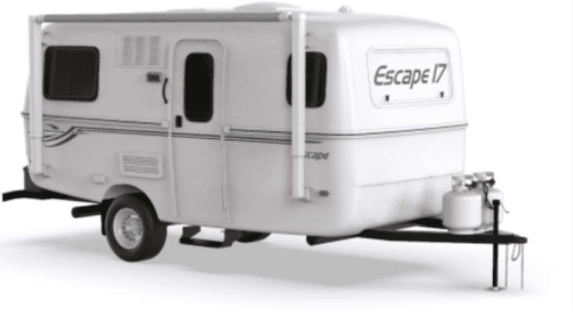 Right-facing escape 17 hitch trailer in white with red lines and four wheels