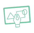 Light Green icon of triangle, square, and circle shapes and pen tool inside of a box frame